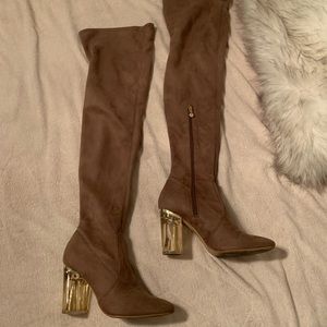 Tan clear heel over the knee boots